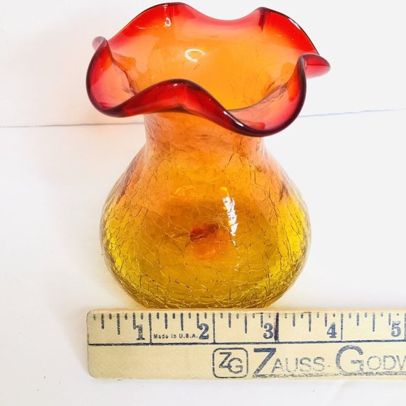 Vintage Hand Blown Rainbow Glass Co.4.5" Crackle Amberina Bud Vase Ruffled Edge - Picture 7 of 8